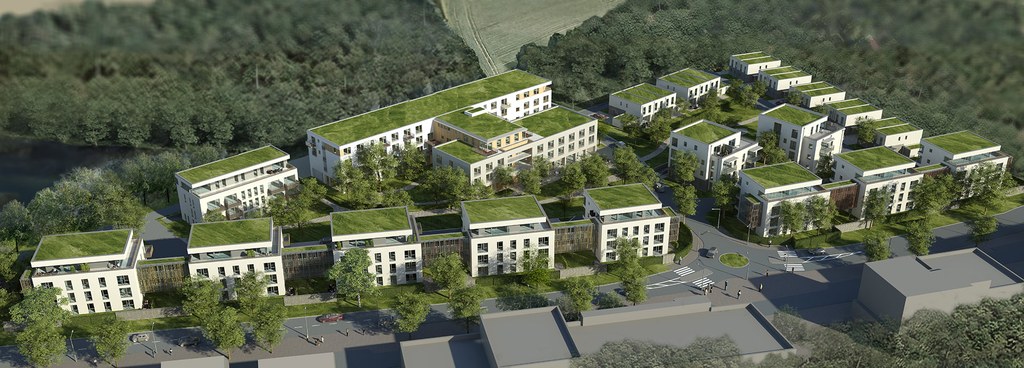 neuss-entwickelt-2021_J_nievenheimer-strasse01.jpg Computersimulation des fertigen Quartiers mit begrünten Dächern.